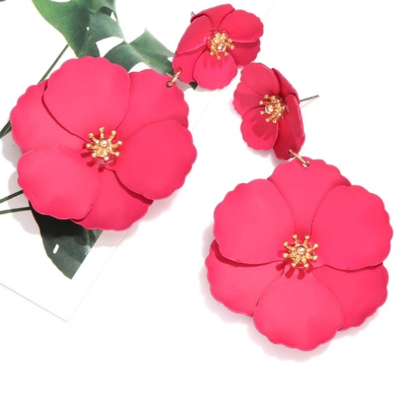 Dark Rose Pink Double Flower Earrings 2.5" Big Floral Statement Jewelry Flowers - Picture 6 of 8